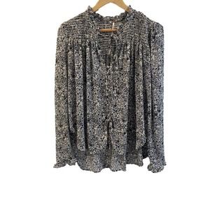 Free People Shirt Womens Medium Floral Button Up Sheer Long Sleeve Smocked